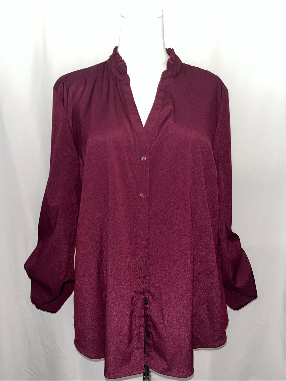 Elle Burgundy Ruffle-Neck Button Down Blouse